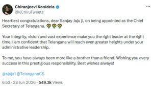 Chiranjeevi congratulates Telangana Chief Secretary Sanjay Jaju